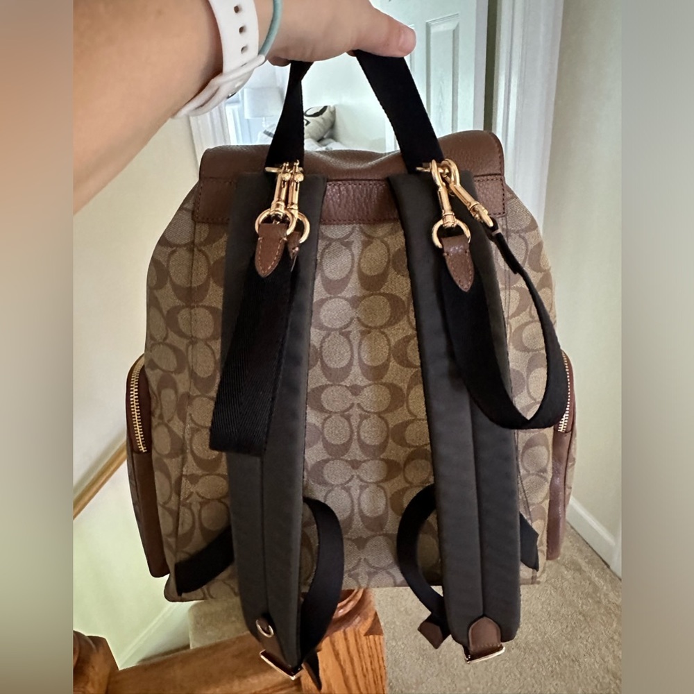 Coach Diaper Backpack In Signature Canvas khaki saddle tan color w/ gold accents